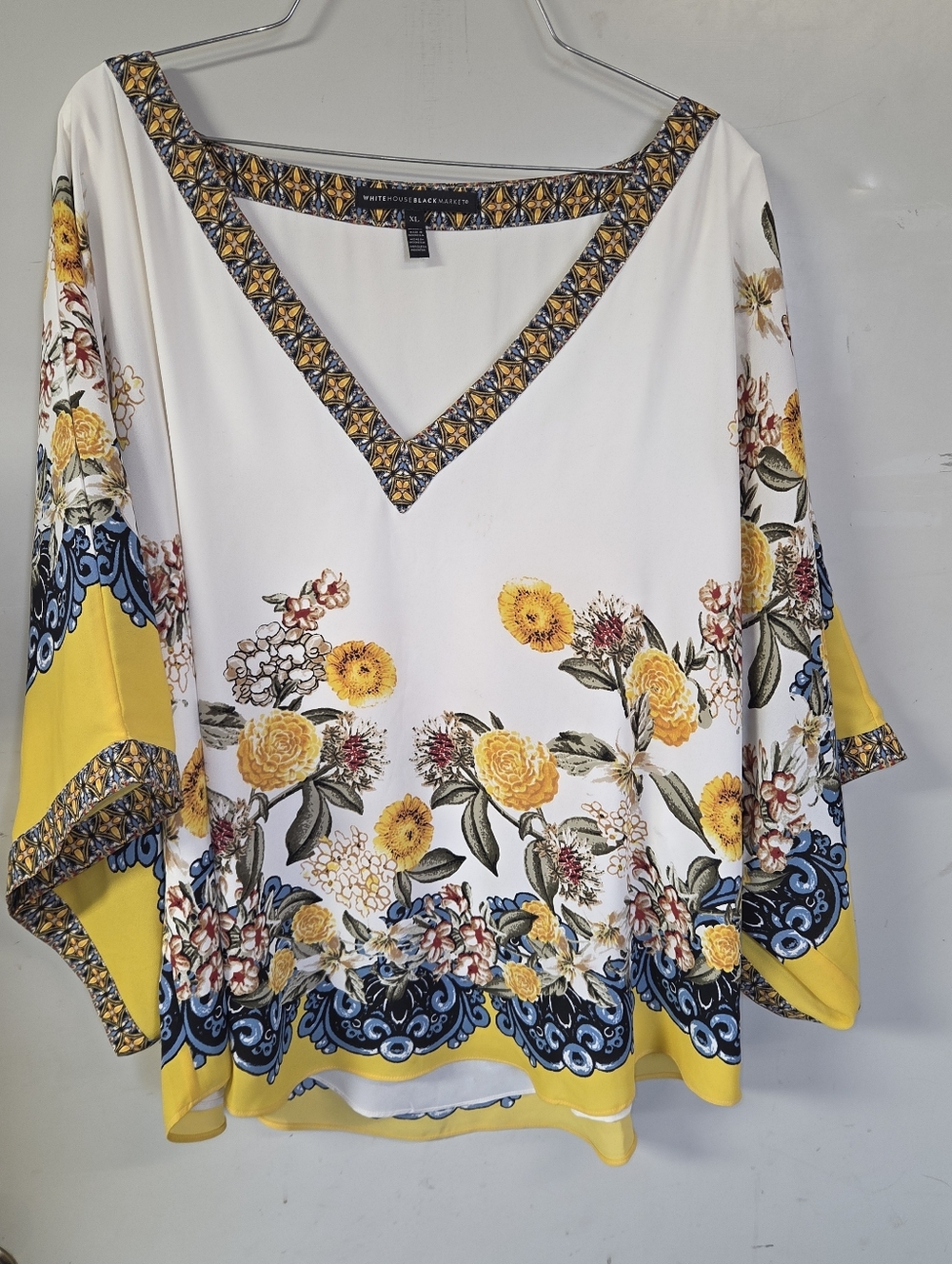 White House Black Market White Floral V-Neck Tunic with Yellow & Blue Accents - Picture 3 of 5